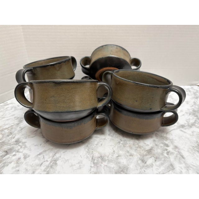 Vintage set of eight rustic elegant stoneware pottery bowls with side handles. Perfect for soups, chili, ice cream or...