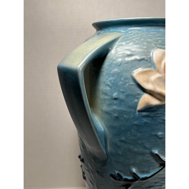 Ceramic 1940s Vintage Roseville Pottery Blue Magnolia Vase Two-Handled Large 18.5"h For Sale - Image 7 of 9