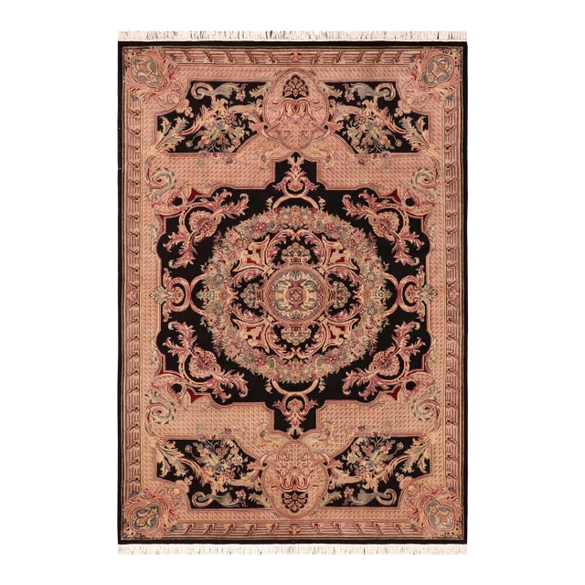 Art Nouveau Medallion 1990's Pak-Persian Black/Pink Wool Rug - 6'2'' X 9'0'' For Sale