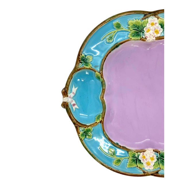 George Jones Majolica 'Strawberry Tray' with cream and sugar wells, English, British Registry mark to reverse for 29 April...