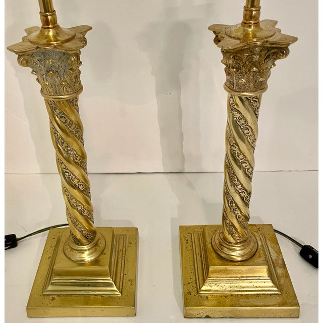 Late 19th Century 19th Century Victorian Period Pair Brass Column Table Lamps For Sale - Image 5 of 8