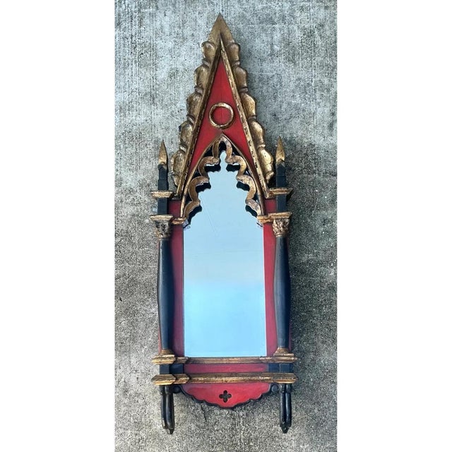 Vintage Gothic Revival Wood and Mirrored Glass Wall Mirror For Sale - Image 11 of 12