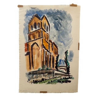 Henry Emil Salloch Original Watercolor on Paper Romanesque Tower. For Sale