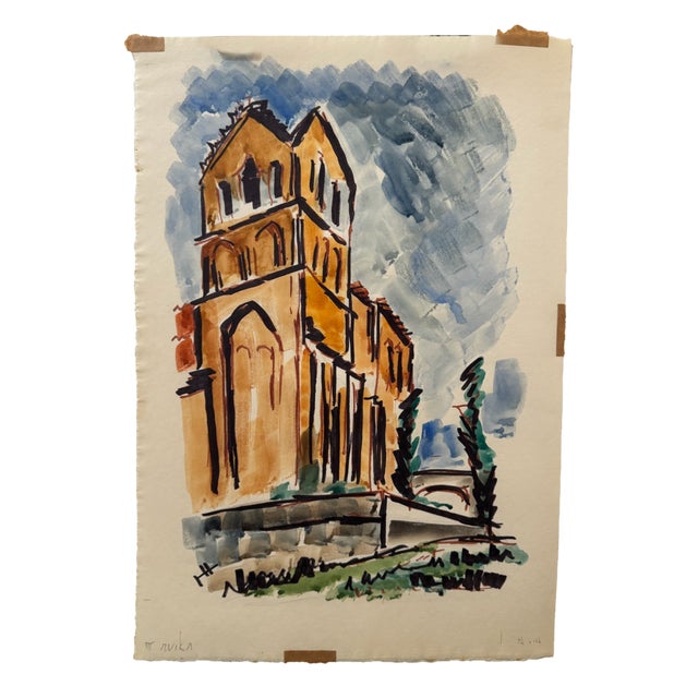 Henry Emil Salloch Original Watercolor on Paper Romanesque Tower. For Sale