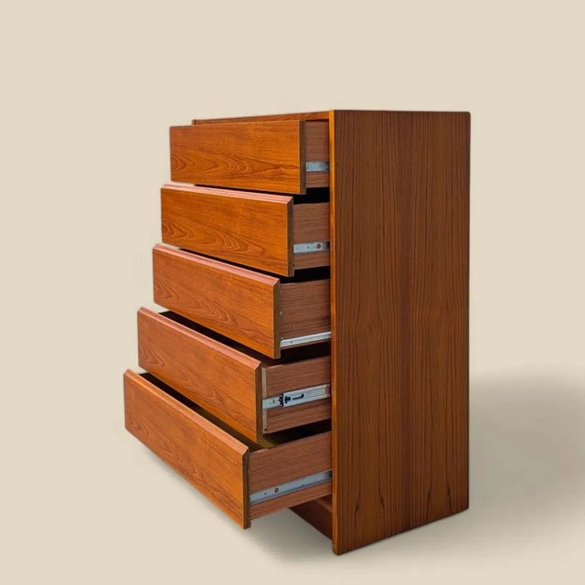 1960s Danish Modern Teak Five-Drawer Tallboy Dresser, Made in Denmark For Sale - Image 4 of 10