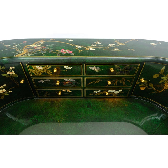 Emerald Green Lacquer Chinoiserie Desk Writing Table Console & Chair MINT For Sale - Image 18 of 18
