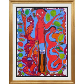 Richard Antilhomme Red & Blue Abstract Figurative Painting with Four Figures and Botanical Elements, Late 20th Century For Sale