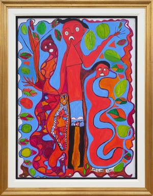 Richard Antilhomme Red & Blue Abstract Figurative Painting with Four Figures and Botanical Elements, Late 20th Century