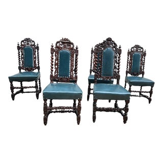 19th Century Set of 6 French Renaissance Barley Twist Oak Vinyl Seat Dining Chairs For Sale