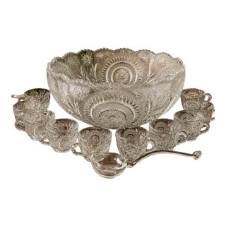 Vintage Glass Punch Bowl Set - 12 Cups - Glass Ladle - 14 pcs For Sale