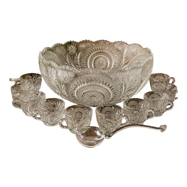 Vintage Glass Punch Bowl Set - 12 Cups - Glass Ladle - 14 pcs For Sale