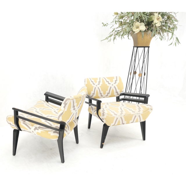 Wood Pair of Mid-Century Modern Black Lacquer Abstract Fabric Lounge Chairs AS IS For Sale - Image 7 of 14