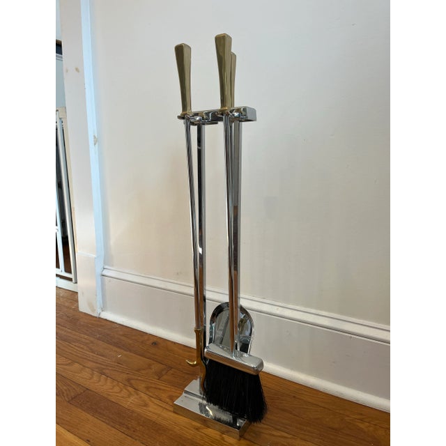 Mid-Century Modern Mid Century Modernist Fireplace Tools Chrome and Brass For Sale - Image 3 of 9