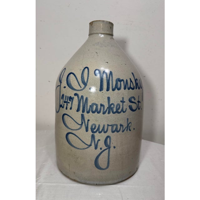 American Antique 1800's J. Monsky Newark Nj Stoneware Salt Glazed Cobalt Pottery 2 Jug For Sale - Image 3 of 13
