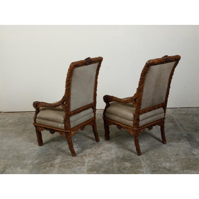 Set of Eight 1920s Black Forest Dining Room Chairs with Hand-Carved Floral Décor For Sale - Image 4 of 12