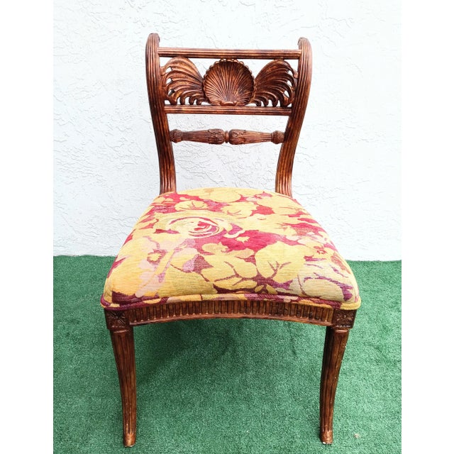 1990s Maitland Smith Bronze Carved Wood Clam Shell Curved Deep Back Upholstered Side Chair For Sale - Image 5 of 11