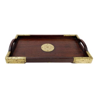 Vintage Asian Motif Rosewood Tray With Brass Hardware For Sale