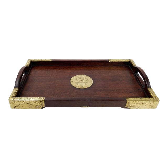 Vintage Asian Motif Rosewood Tray With Brass Hardware For Sale