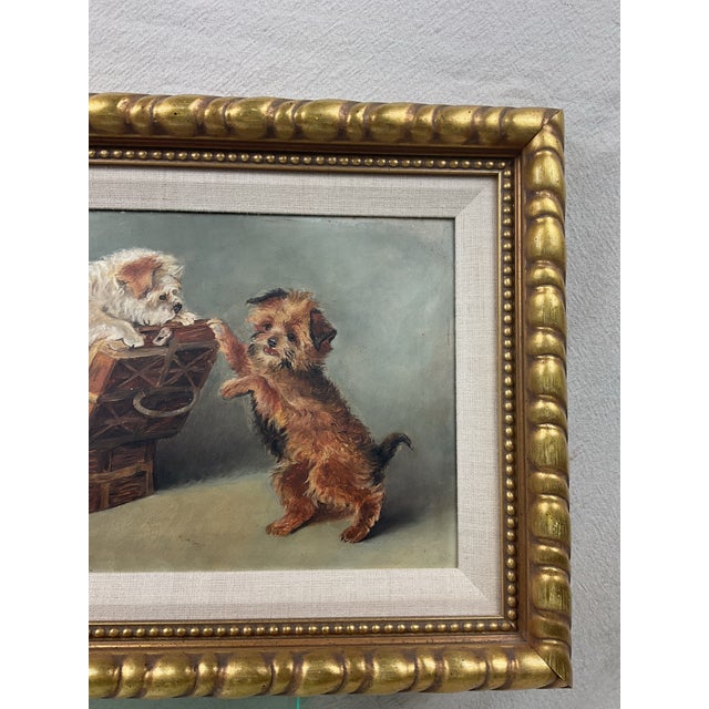 Antique Oil Painting on Board of Playful Pups in Nice Gold Gilt Frame For Sale In Raleigh - Image 6 of 9