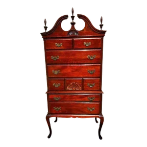 Early 20th Century Gimber Brothers Furniture Queen Anna Style Mahogany Highboy Tall Chest of Drawers.