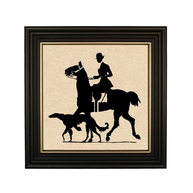 English Woman Rider With Dog Framed Paper Cut Silhouette in Black Wood Frame With Gold Trim For Sale - Image 3 of 3