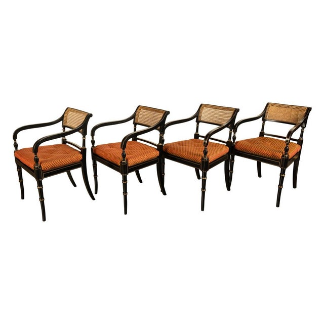 Black 1960s Set Eight Federal Style Japanned & Gilded Dining Arm Chairs Kittinger Furniture For Sale - Image 8 of 17