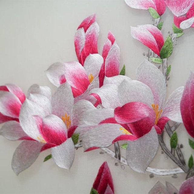Handmade Suzhou Embroidery “Golden Abundance” Magnolia Blossom Artwork – Luxury Silk Embroidered Decorative Wall Art For Sale - Image 4 of 10