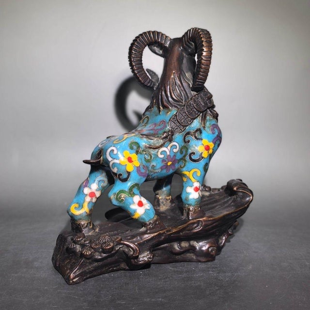 Chinese Mid 20th Century Hand-Wired Cloisonne Copper Leader Goat Sculpture For Sale - Image 3 of 9
