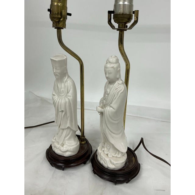 Mid 20th Century Pair of Asian Style Vintage Blank De Chine Porcelain Figural Lamps For Sale - Image 5 of 12