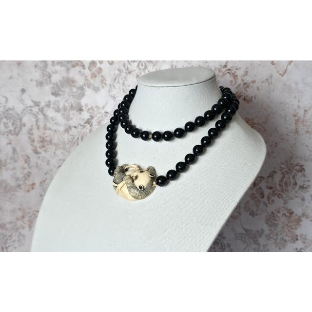 Mid 20th Century Vintage Onyx 14k Gold Necklace With Antique Ivory Panda Netsuke For Sale - Image 5 of 9