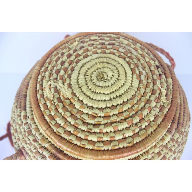 Textile Vintage African Coiled Straw Lidded Two Tone Orange Hand Woven Covered Basket With Straps For Sale - Image 7 of 10