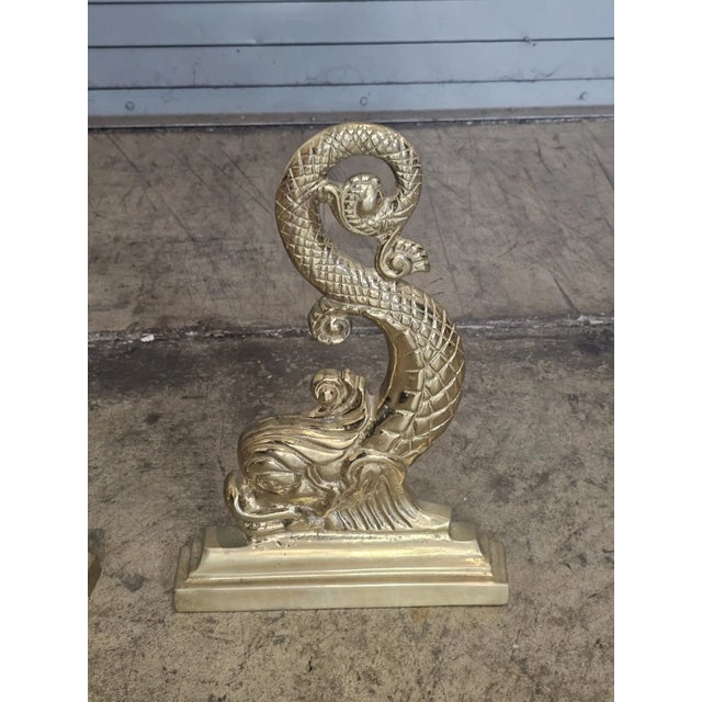 Virginia Metalcrafters Pair of Virginia Metalcrafters Brass Dolphin Andirons Rare For Sale - Image 4 of 13