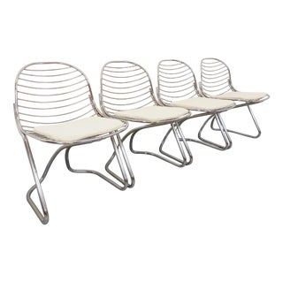 Vintage Italian Chairs in Chrome Metal and Looped Fabric Pad by Gastone Rinaldi, 1970s, Set of 4 For Sale