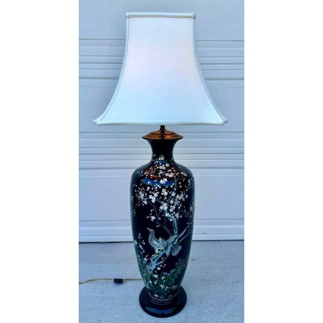 Art Deco Late 19th Century Huge Meiji Japanese Cloisonné Black Ground Bird & Blossom Tall Table Lamp 40" For Sale - Image 3 of 18