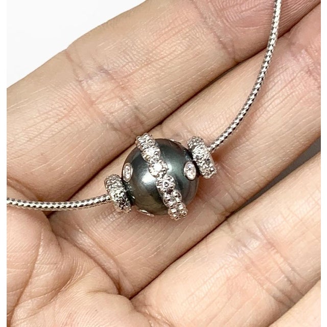 Diamond Tahitian Pearl Necklace 0.60 TCW 14k Gold Certified For Sale - Image 9 of 10