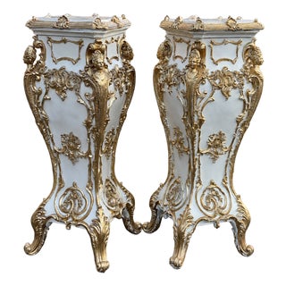 Late 20c Italian Baroque Cream Gold Pedestals - Pair For Sale