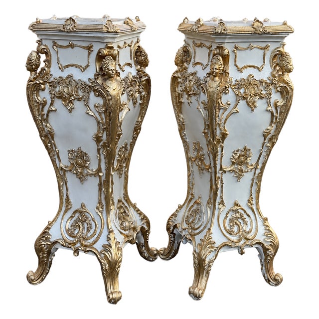 Late 20c Italian Baroque Cream Gold Pedestals - Pair For Sale