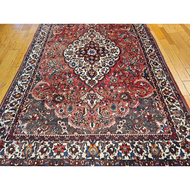 Vintage Persian Bakhtiari Rug, Handwoven Wool, Medallion Floral Pattern, Brick Red & Ivory, 7x11 For Sale - Image 15 of 15