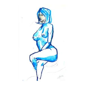 Martha Holden Contemporary "Woman in Blue" Ink on Paper Drawing