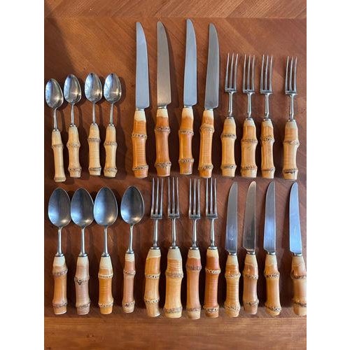 Wood Vintage Bamboo Handled and Stainless Steel Flatware Set from Mills Moore, Set of 24 For Sale - Image 7 of 14