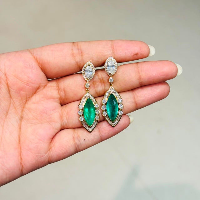 Metal 14k Yellow Gold 6.9ct Emerald & 3.24ct Diamond Art Deco Earrings- 2 Pieces For Sale - Image 7 of 14