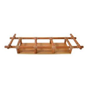 1970s Bohemian Bamboo Wood Rectangle Spice Oil Vinegar Serving Tray Caddy Leather