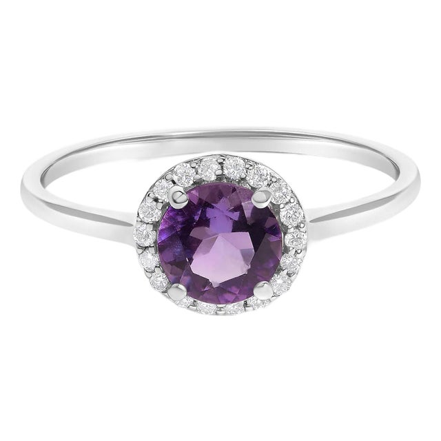 10K White Gold Purple Amethyst and 1/10 Cttw Diamond Halo Ring For Sale