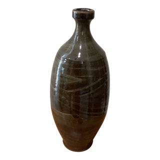 Vintage Stoneware Glazed Bottle Shape Large Vase Stamped and Signed For Sale
