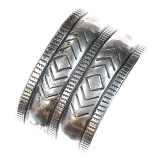 7" C1950's Navajo Wide Band Stamped Silver Cuff Bracelet For Sale