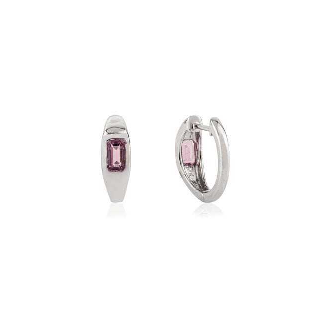 Modern Geometric Emerald-Cut Natural Pink Sapphire Huggie Hoop Earrings 14k White Gold- A Pair For Sale - Image 3 of 11