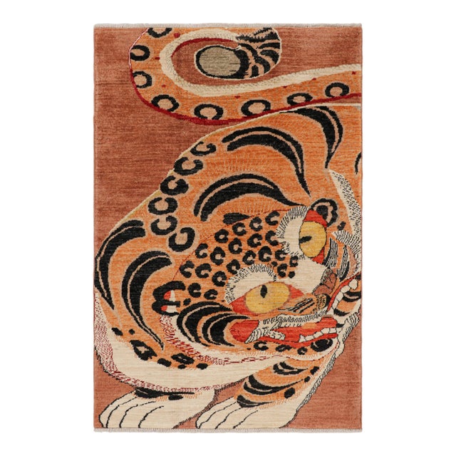 Rug & Kilim’s Contemporary Tiger Rug in Red With Black and Orange Pictorial For Sale