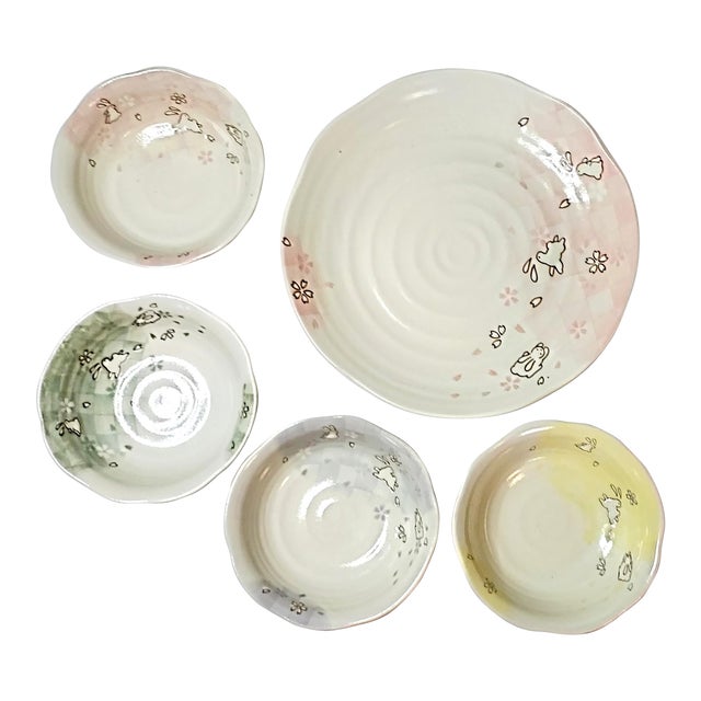 2000s Hand-Thrown Bunny Pottery Serving Set - 5 Pieces For Sale