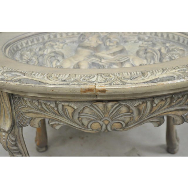 Vintage French Renaissance Walnut Gray Distress Painted Cherub Coffee Table For Sale - Image 13 of 18
