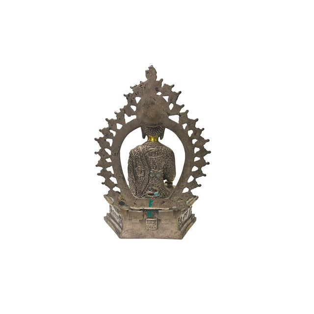 1980s Vintage Chinese Distressed Pewter Copper Color Metal Sitting Shakyamuni Statue For Sale - Image 5 of 6